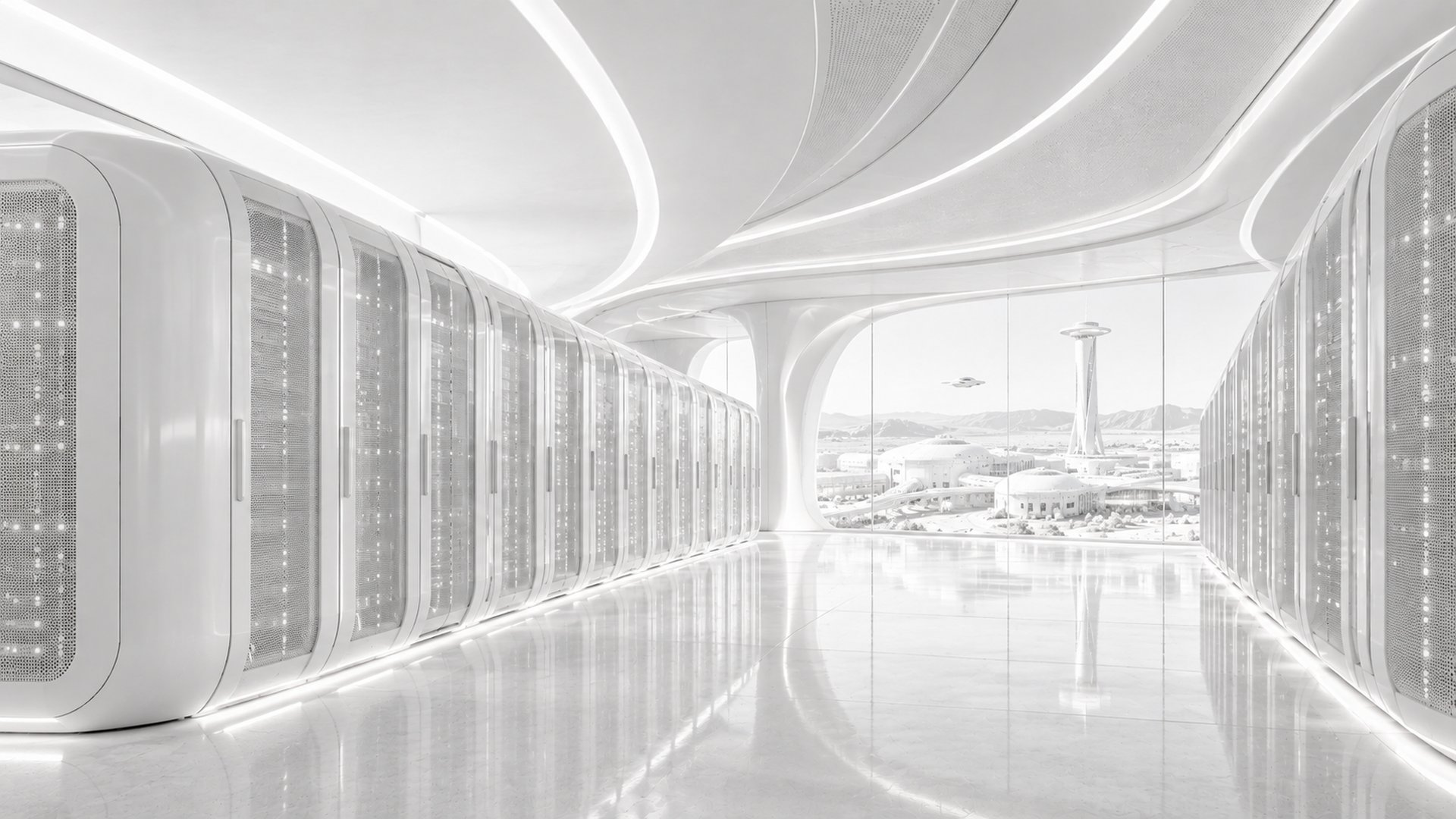 Corredor de servidores com luzes nos racks